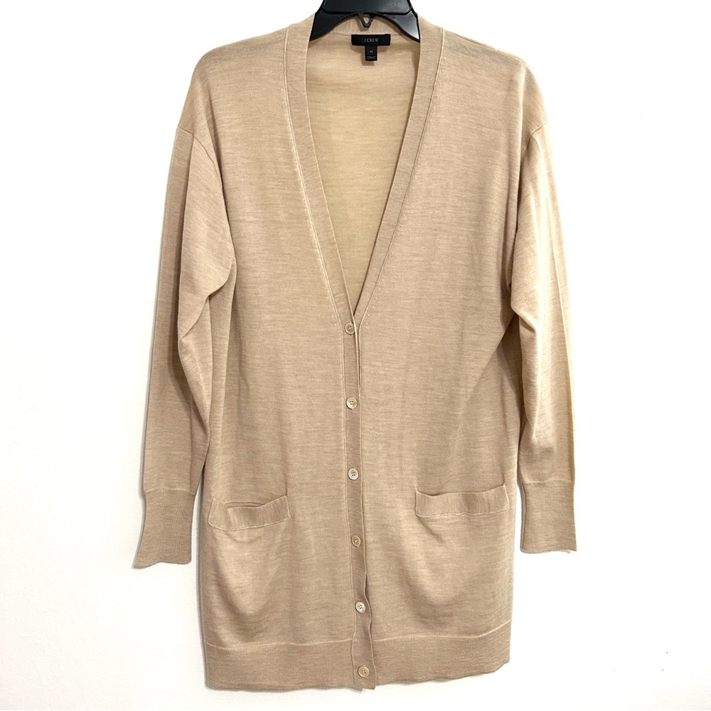 J. Crew Classic 100% Merino Wool Long Cardigan Sweater Preppy Tan Stone EUC sz M - Picture 2 of 10